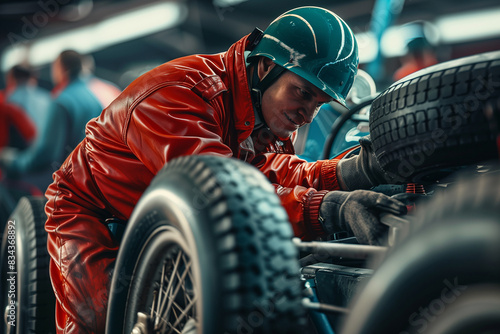 mechanic changing tires, racing car