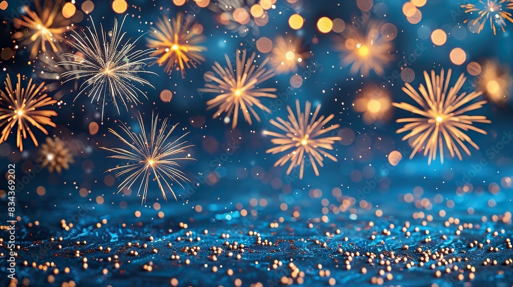 Fototapeta premium A bright blue background with fireworks and space for celebratory writing. - Event decoration background