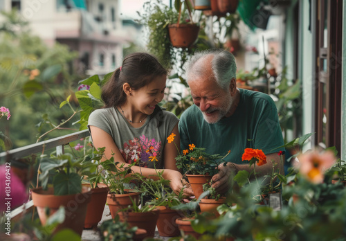 a happy dad and daughter planting flowers together on the balcony