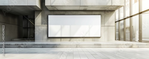 An empty billboard sign mockup, displayed on the facade of a modern art museum © Nisit