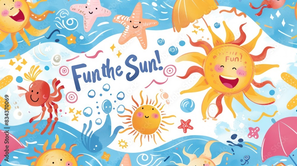 Summer time children's themed design illustration with paintings of the sun and beach atmosphere	
