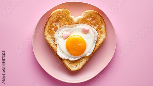 heart shaped fried egg with toast as breakfast for valentine's day. top view. isolated on pink