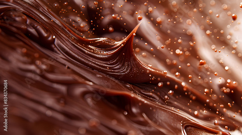 Macro photography of chocolate sauce with bubbles on wooden background photo