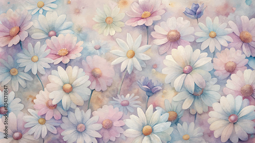 Watercolor background of a cluster of daisies in pastel shades