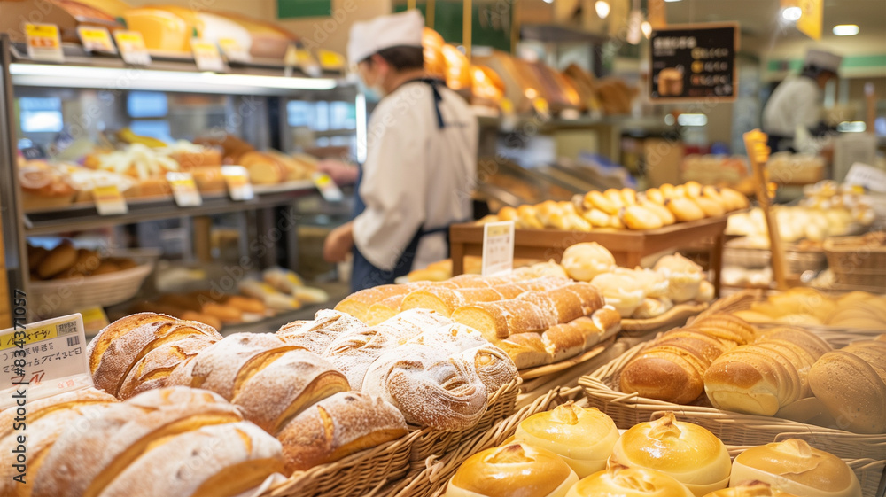 Fototapeta premium 日本のスーパーマーケットのベーカリーコーナーとパン職人