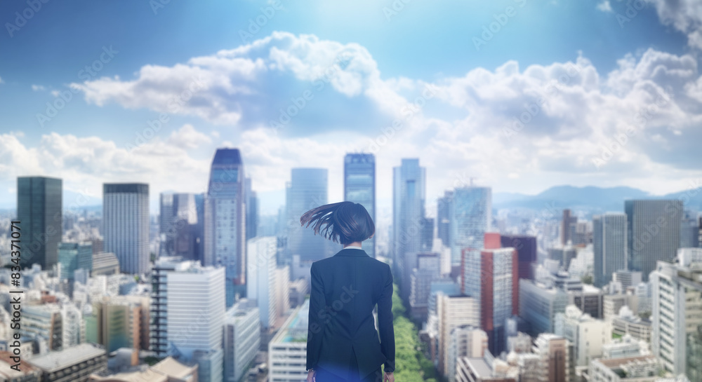 日本の街・都市・朝日を受けたオフィスビル群を前に佇み風を受けて髪をなびかせる会社員の女性の出勤 就職・ビジネス・はじまり・決意・目標・挑戦のイメージ 日本の街・都市・朝日を受けたオフィスビル群を前に佇み風を受けて髪をなびかせる会社員の女性の出勤 就職・ビジネス・はじまり・決意・目標・挑戦のイメージ
