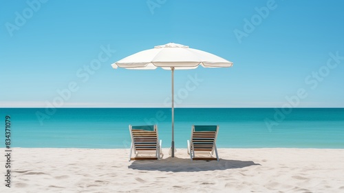A serene beach with two wooden chairs under a white umbrella  overlooking the turquoise water and clear blue sky on a sunny day