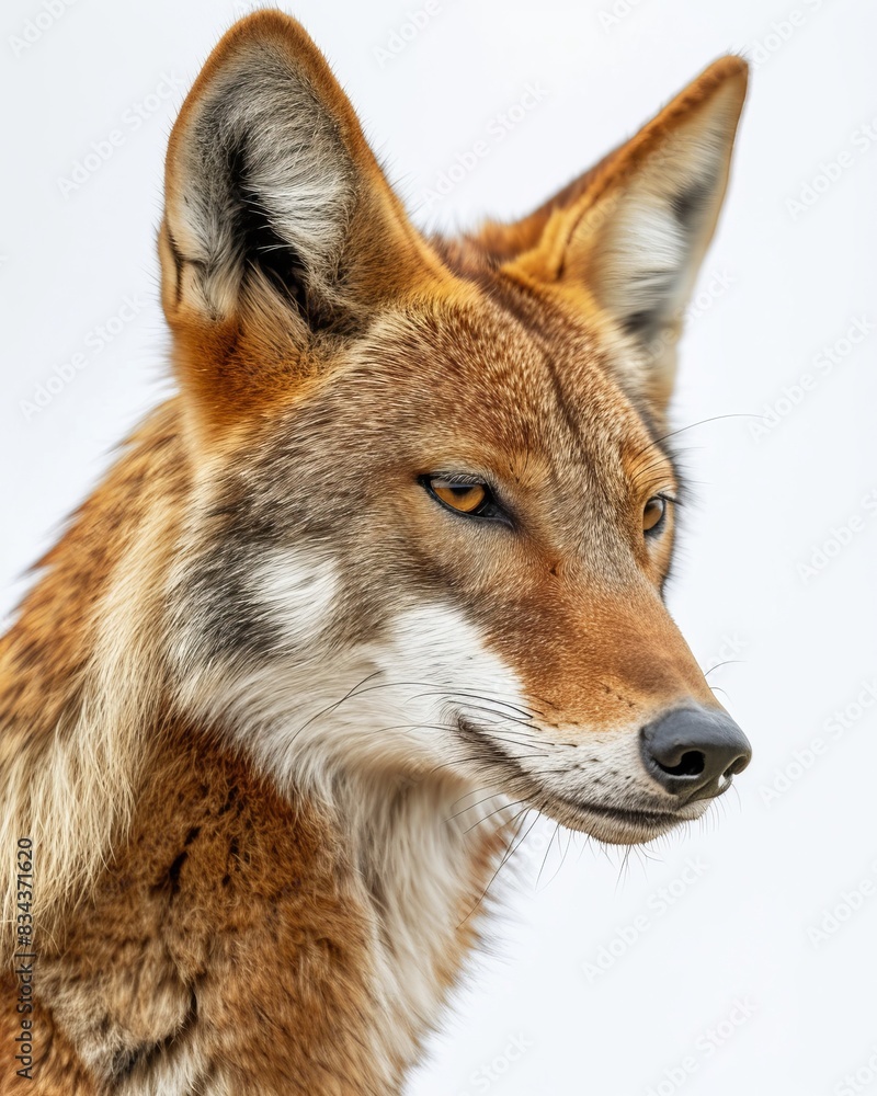 Mystic portrait of Ethiopian Wolf , copy space on right side, Anger, Menacing, Headshot, Close-up View Isolated on white background