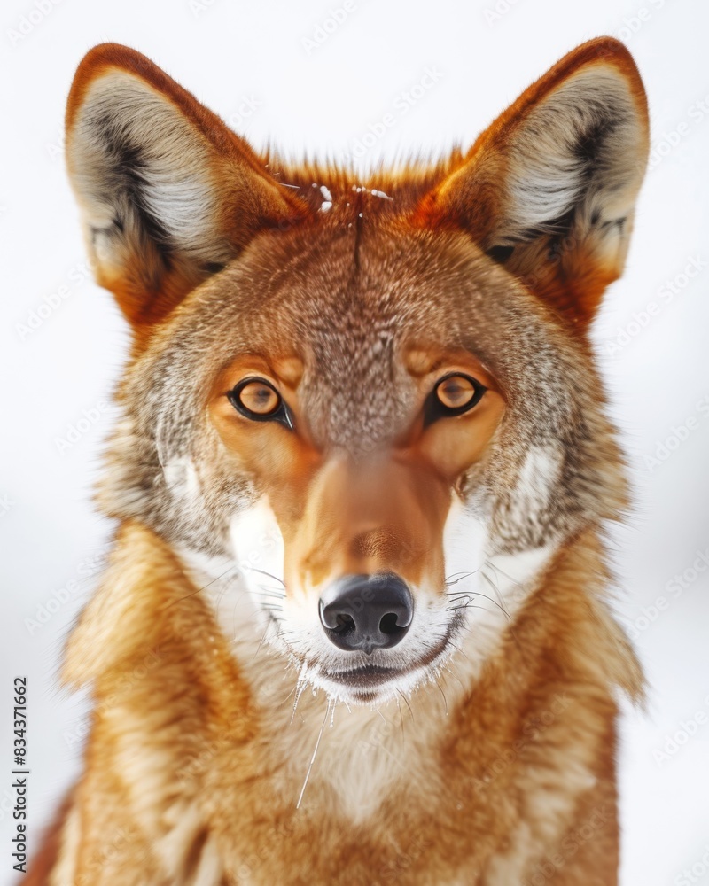 Fototapeta premium Mystic portrait of Ethiopian Wolf , copy space on right side, Anger, Menacing, Headshot, Close-up View Isolated on white background