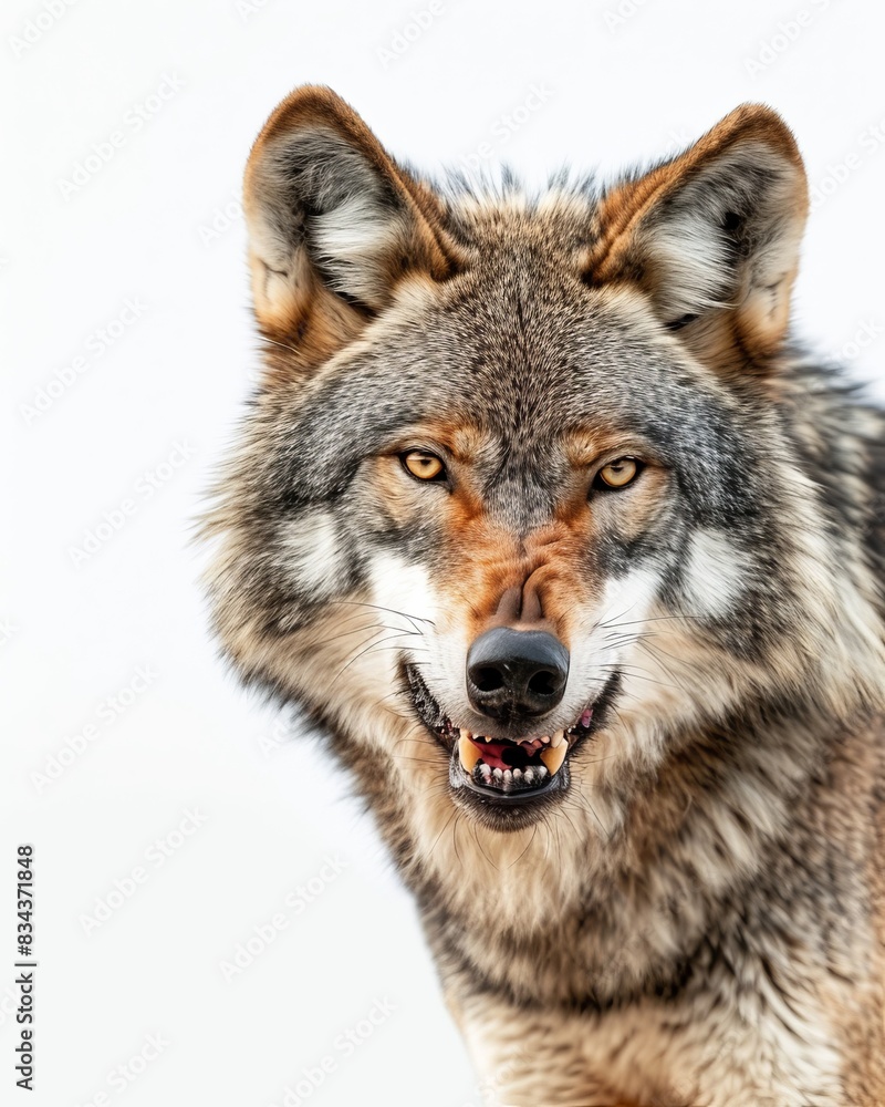 Fototapeta premium Mystic portrait of Gray Wolf, copy space on right side, Anger, Menacing, Headshot, Close-up View Isolated on white background