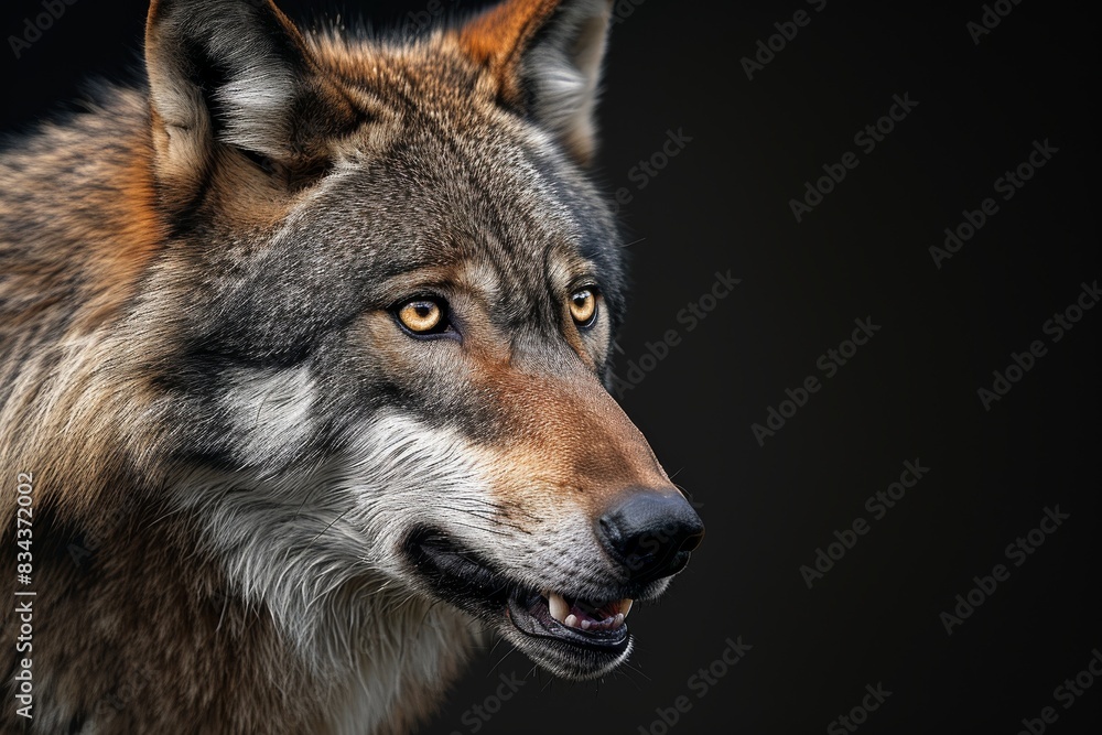 Mystic portrait of Gray Wolf in studio, copy space on right side, Anger, Menacing, Headshot, Close-up View Isolated on black background
