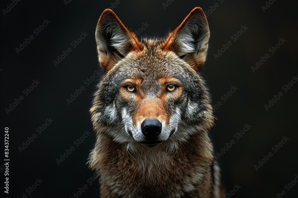 Naklejka premium Mystic portrait of Red Wolf in studio, copy space on right side, Anger, Menacing, Headshot, Close-up View Isolated on black background