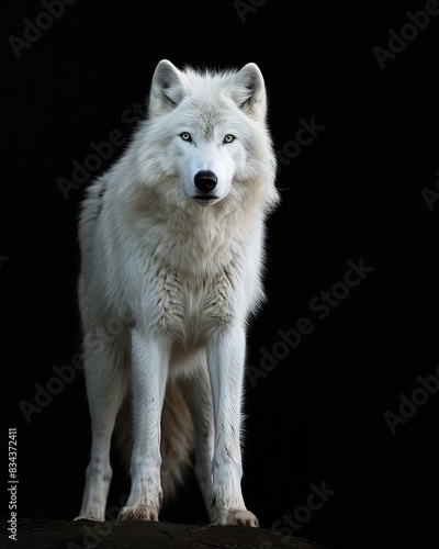 the Arctic Wolf   portrait view  white copy space on right Isolated on black background