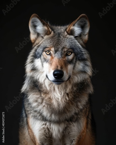 the Gray Wolf, portrait view, white copy space on right Isolated on black background