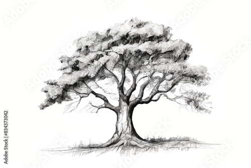 Black and white Tree isolated on white Background. Tree sketch. A black and white photo of a beautiful tree.