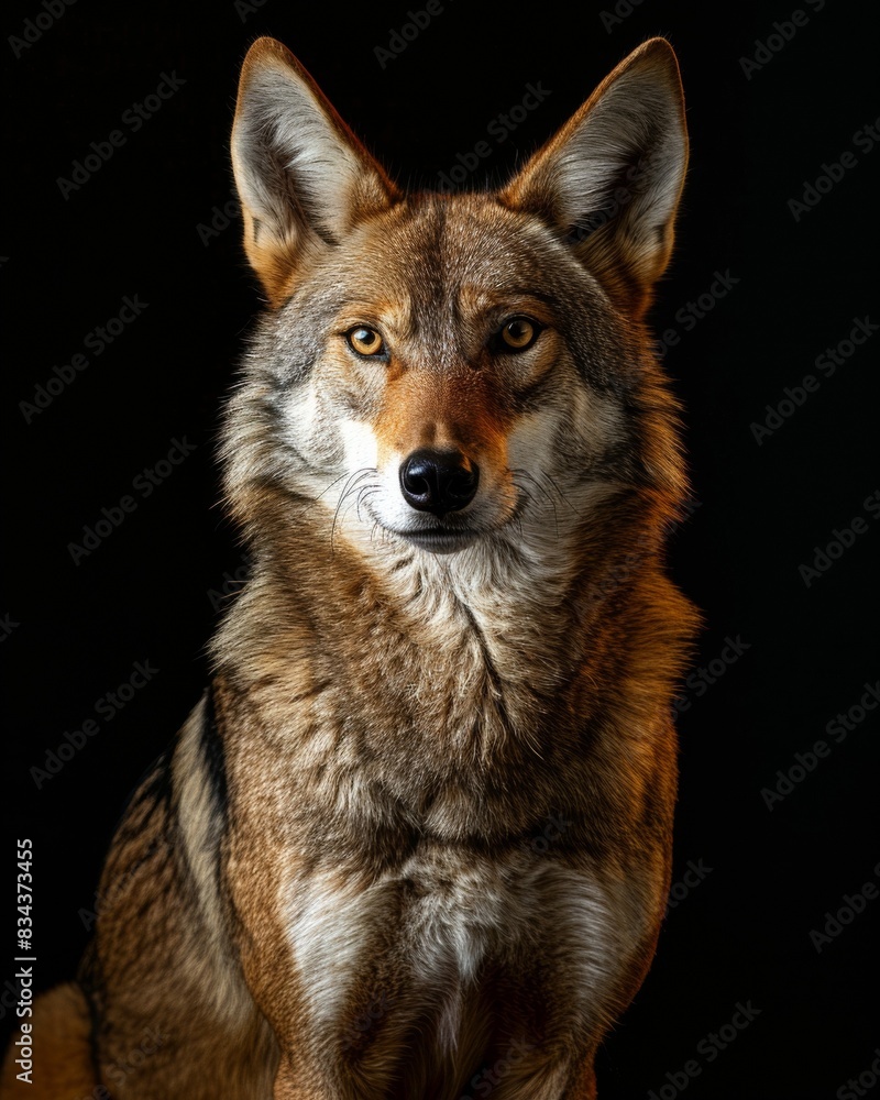 Fototapeta premium the Red Wolf, portrait view, white copy space on right Isolated on black background