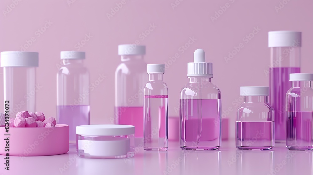 Variety of transparent cosmetic bottles and jars with pink liquids and pills on a pastel pink background. Beauty and skincare products arrangement. Variety of transparent cosmetic bottles and jars with pink liquids and pills on a pastel pink background. Beauty and skincare products arrangement.