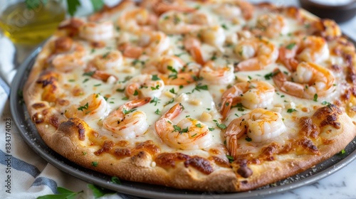 Creamy cream cheese shrimp pizza with white sauce and mozzarella topped with aromatic roasted garlic and plump shrimp