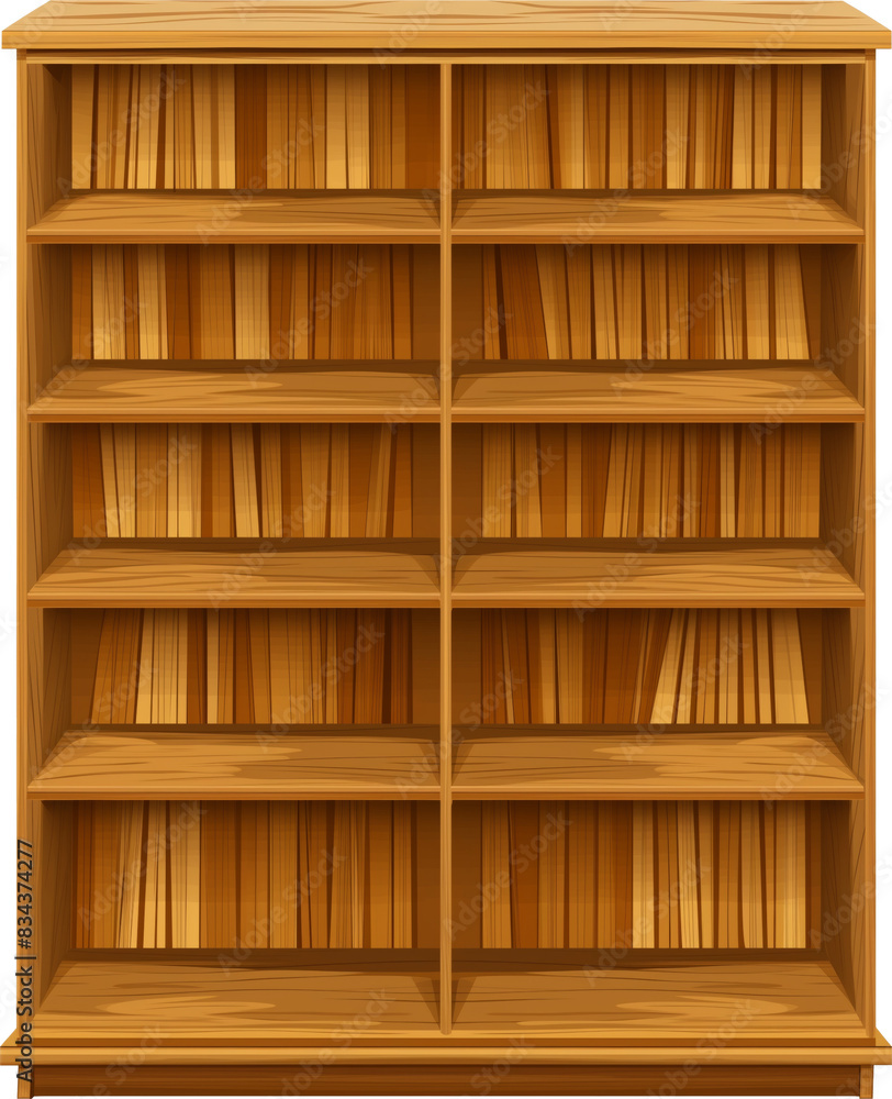 Illustration of an empty wooden bookshelf isolated on transparent background. Illustration of an empty wooden bookshelf isolated on transparent background.