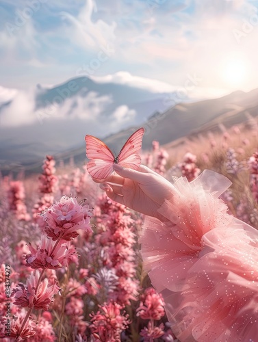 closeup of pink butterfly flying around womans hand in the foggy summer field with a mountain view. dreamlike atmosphere  fashion ads