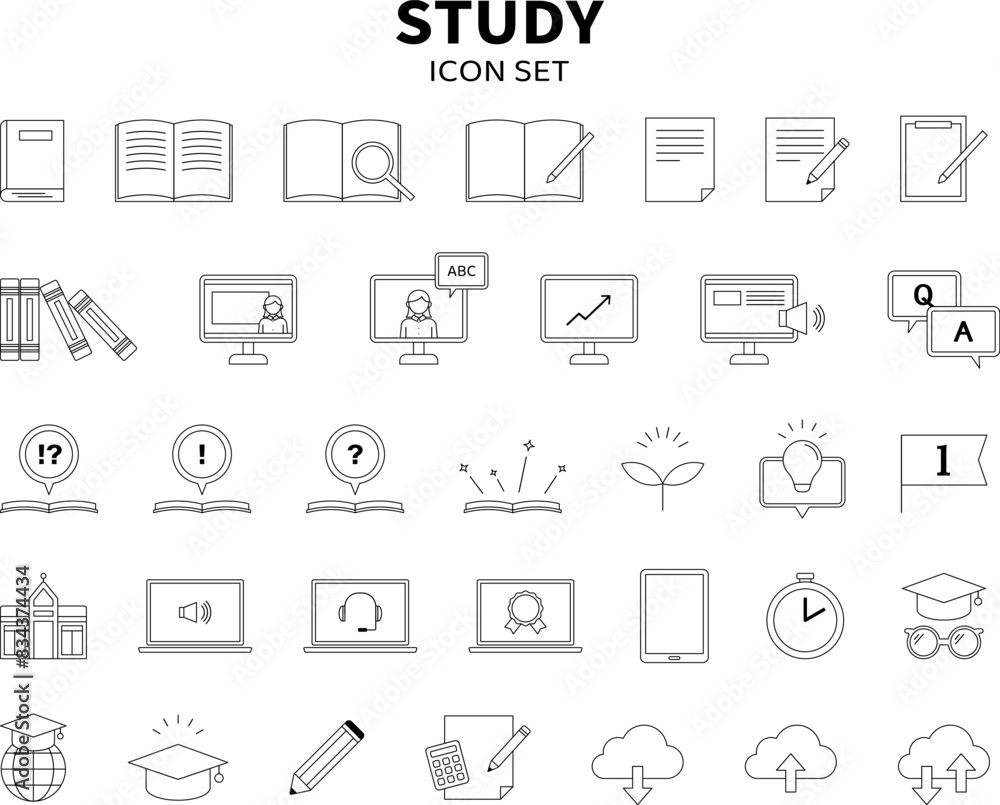 教育 勉強 学習 イラスト アイコン セット パソコン モバイル ノート 文具 シンプル 線画 白黒 教育 勉強 学習 イラスト アイコン セット パソコン モバイル ノート 文具 シンプル 線画 白黒