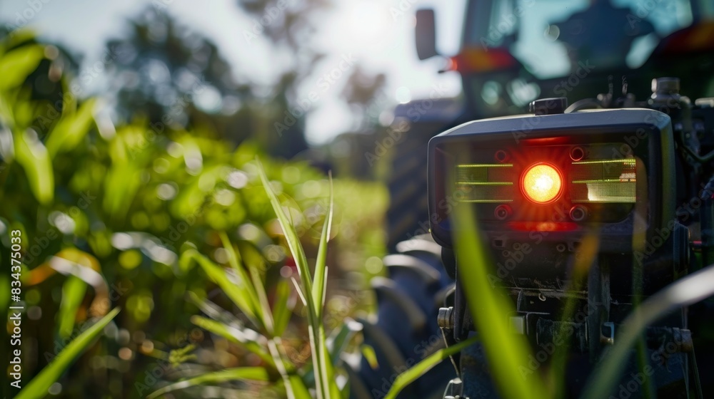 A closeup of the advanced camera system on a selfdriving tractor constantly scanning the field for any signs of disease or pests in crops.
