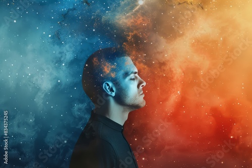 Conceptual Image of Human Duality: Creative Mind in Galaxy with Blue and Orange Contrast