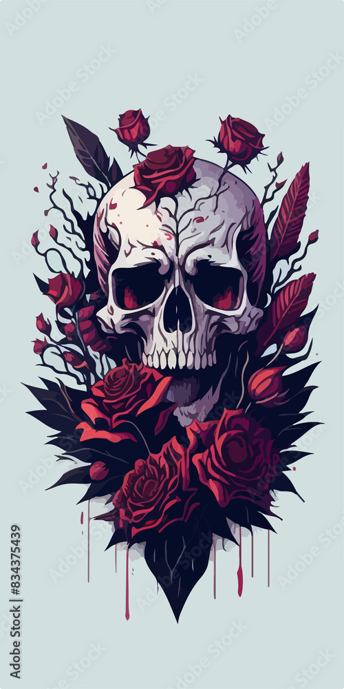 Fototapeta premium Vivid red roses bloom around an ancient skull among vibrant flowers, symbolizing beauty in death's embrace.