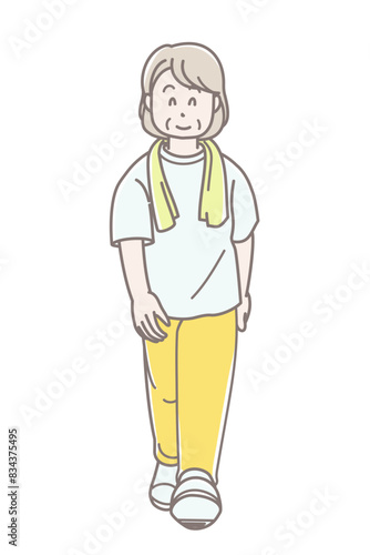 ウォーキングをするシニア女性のイラスト（半袖）