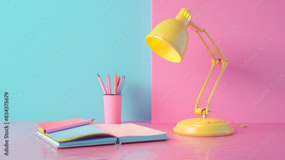 a pastel colored desk with a notebook, pen and lamp on the table in the style of a blank background mock up and design studio concept a pastel colored desk with a notebook, pen and lamp on the table in the style of a blank background mock up and design studio concept