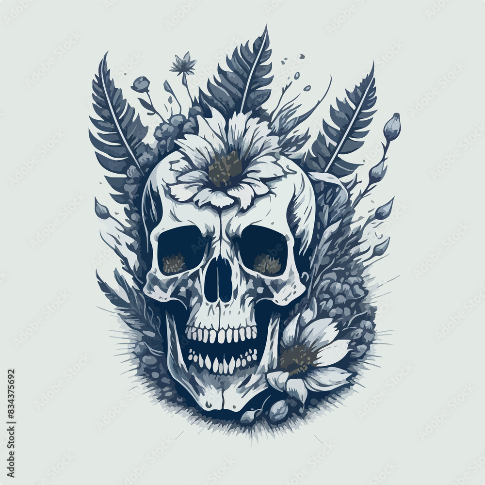 Gothic essence captured: ancient skull amidst black & white flowers, embodying the dark honor of mortality. Gothic essence captured: ancient skull amidst black & white flowers, embodying the dark honor of mortality.