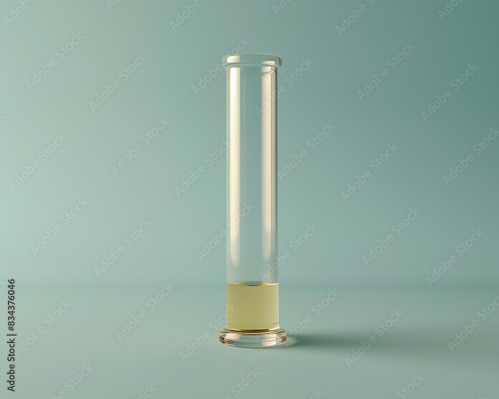 Clear cylindrical glass container with yellow liquid on pastel green background. Scientific, laboratory, and chemistry concept. Clear cylindrical glass container with yellow liquid on pastel green background. Scientific, laboratory, and chemistry concept.