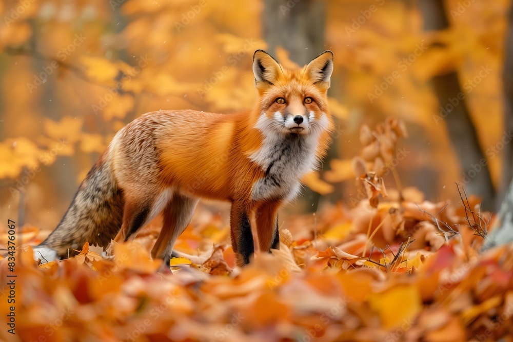 Naklejka premium Autumn Foliage with Majestic Red Fox: Full Body Wildlife Photography
