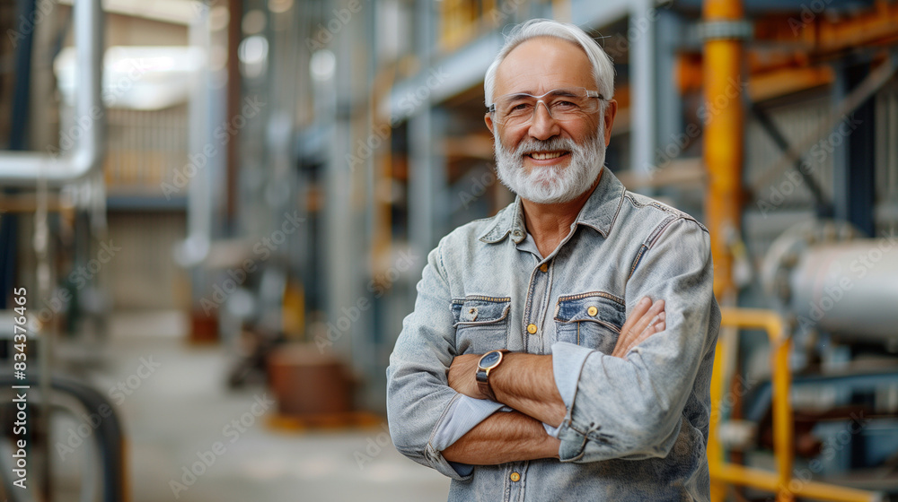 older owner engineer with beard mustache on face standing smile with his arms crossed at construction factory site older owner engineer with beard mustache on face standing smile with his arms crossed at construction factory site