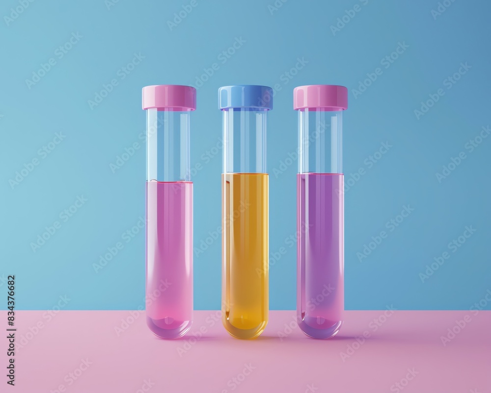 Three colorful test tubes filled with vibrant liquids against a pastel background, representing science and chemistry experiments. Three colorful test tubes filled with vibrant liquids against a pastel background, representing science and chemistry experiments.