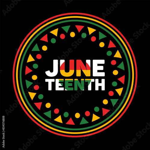 Juneteenth. Freedom Day. Square bright banner. Lettering, ethnic abstract pattern. US federal holiday. Slavery Abolition. African American Heritage and Culture. The concept, struggle for equality © Любовь Кондратьева