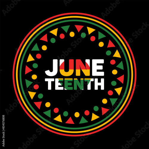 Juneteenth. Freedom Day. Square bright banner. Lettering, ethnic abstract pattern. US federal holiday. Slavery Abolition. African American Heritage and Culture. The concept, struggle for equality