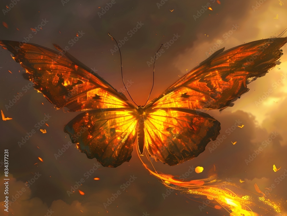 Glowing Ethereal Butterfly Spreading Its Fiery Wings in a Magical Digital Fantasy Landscape Glowing Ethereal Butterfly Spreading Its Fiery Wings in a Magical Digital Fantasy Landscape