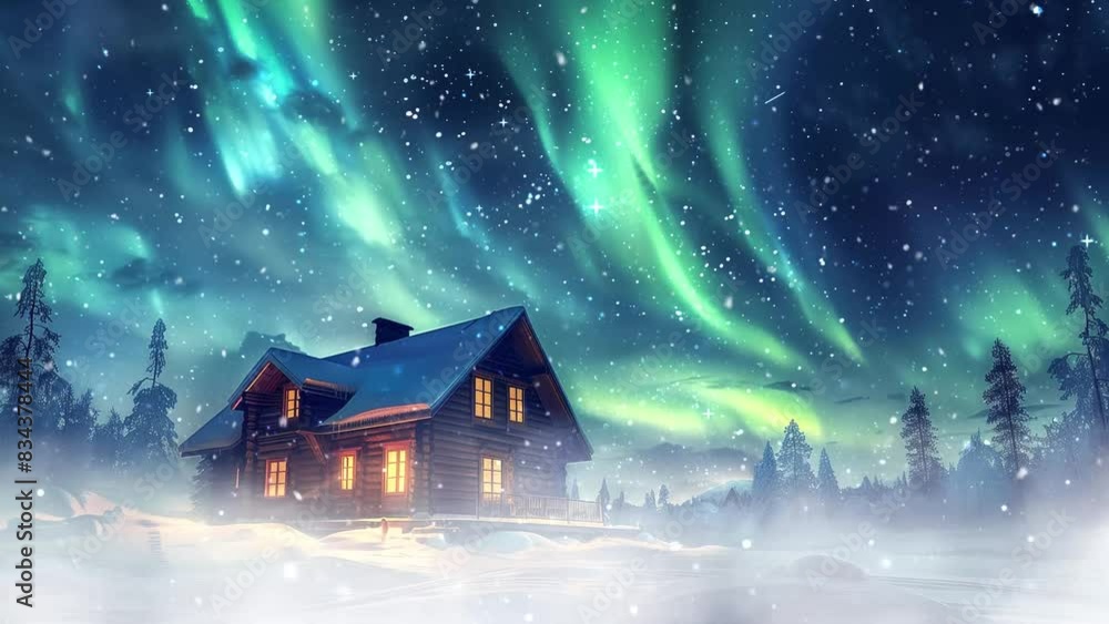beautiful night with lights of aurora borealis activity over wooden cabin. seamless looping overlay 4k virtual video animation background beautiful night with lights of aurora borealis activity over wooden cabin. seamless looping overlay 4k virtual video animation background
