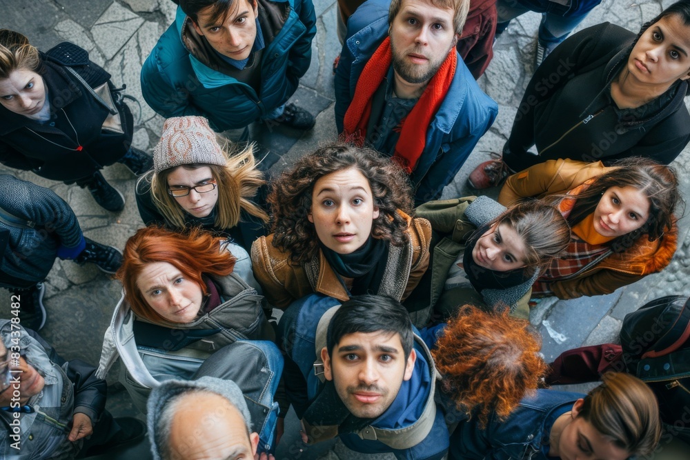 Top view of group of young people looking at camera while standing on the street Top view of group of young people looking at camera while standing on the street