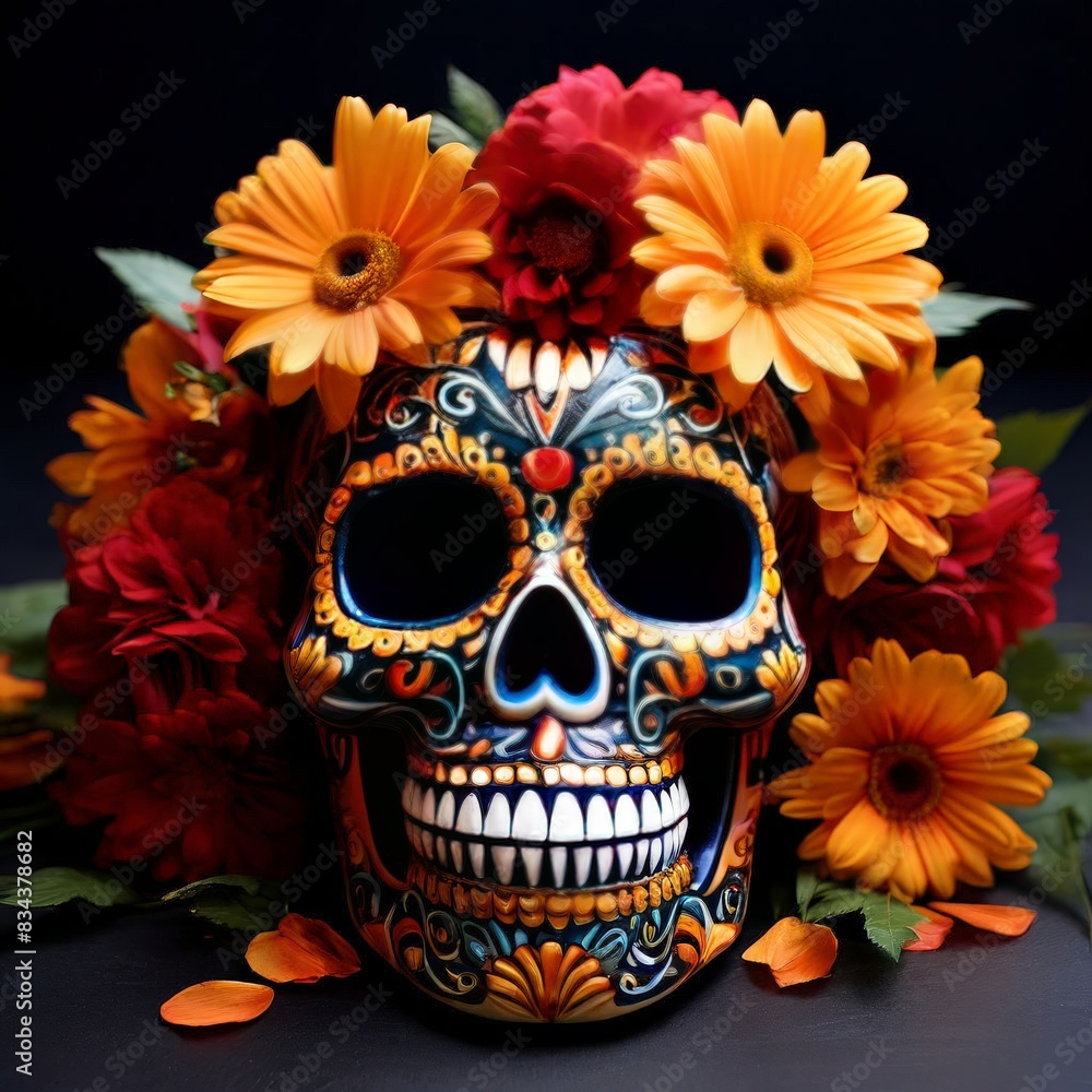 Day of the dead skull surrounded by candles and flowers mexican skull skeleton head dia de los muertos Day of the dead skull surrounded by candles and flowers mexican skull skeleton head dia de los muertos
