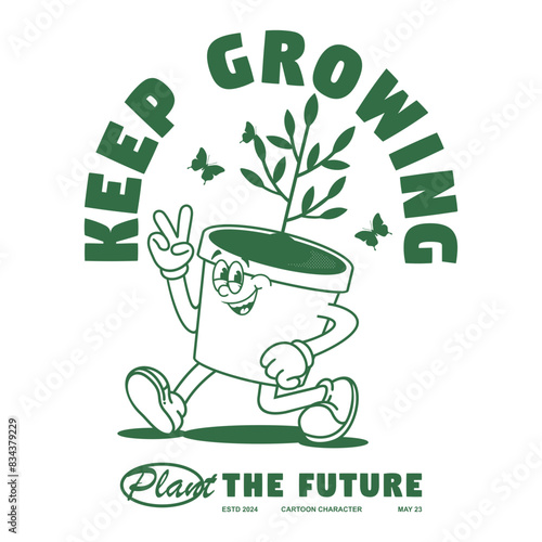 Funny cartoon character of plant, flower. Can be used as Sticker, posters, prints. Retro cartoon style. Vector illustration