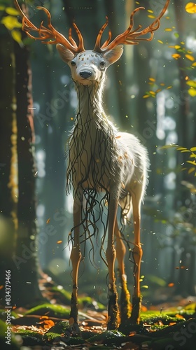 Majestic Deer with Elaborate Antlers Stands in Enchanting Forest Landscape