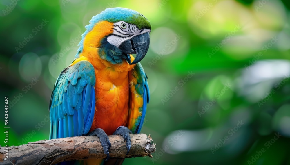 Obraz premium Vibrant Tropical Parrot: Closeup of Colorful Macaw Perched on Branch in Rainforest