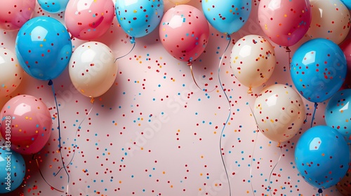 A festive background with colorful balloons and confetti scattered, leaving ample space in the center for text. - Event decoration background photo