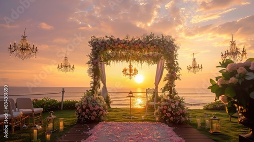Elegant outdoor wedding setup with a floral decorated arch and chandeliers during a romantic sunset. photo
