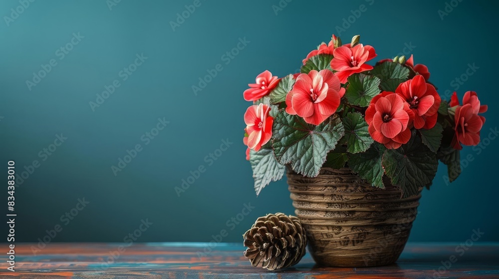 Obraz premium A beautiful still life of a potted geranium plant with red flowers and green leaves, sitting on a wooden table with a pine cone beside it