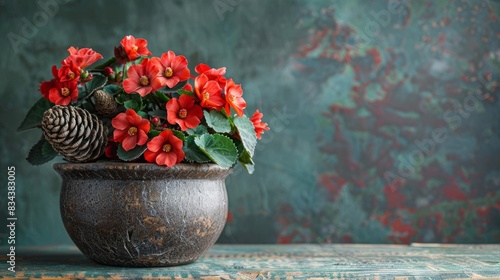 A beautiful still life of a potted cyclamen plant with red flowers and green leaves, sitting on a wooden table against a dark green background.