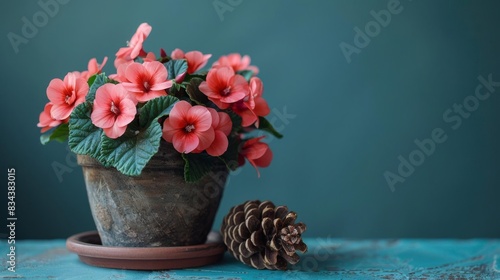 A beautiful still life of a potted pink primrose flower on a wooden table photo