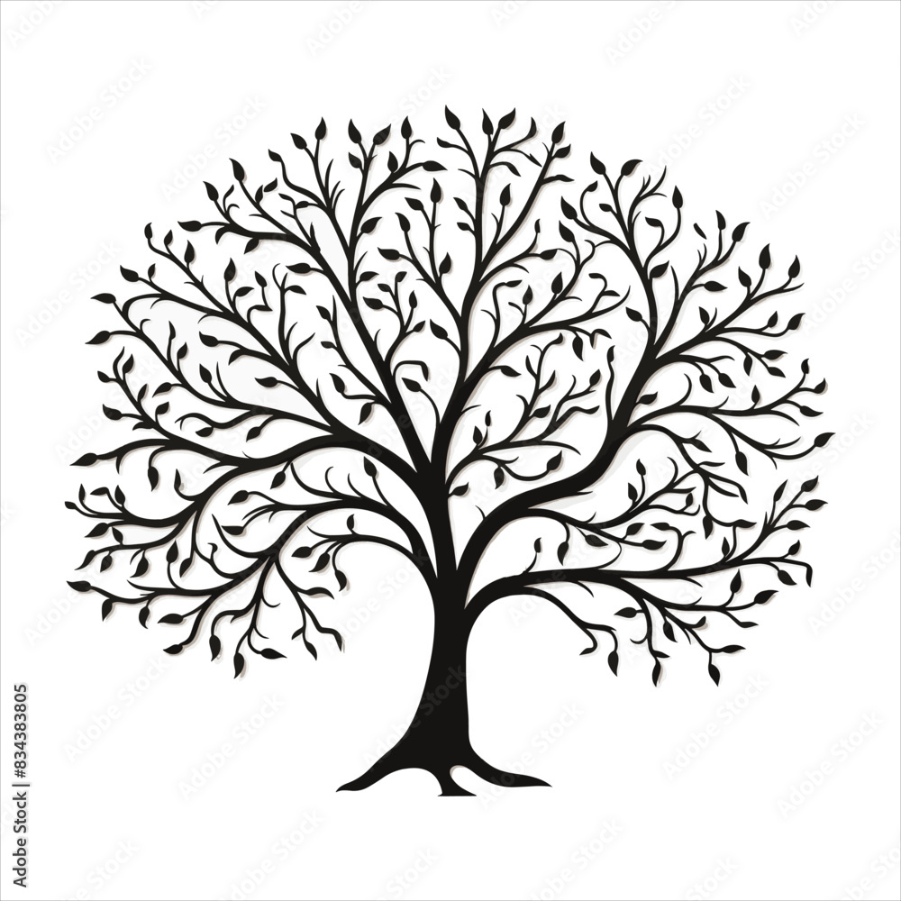 A single black tree silhouettes with birds on white background A single black tree silhouettes with birds on white background